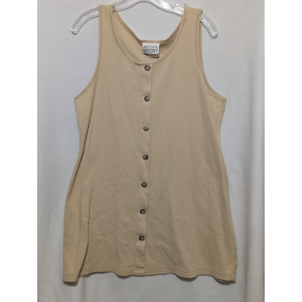 Jaclyn Smith Sport Tan Ribbed Button Front Tank Top Large Vintage Beige Top